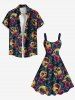 Robe débardeur trapèze hawaïenne grande taille à imprimé tête de mort, feuilles tropicales et fleurs d'hibiscus - Vert profond L