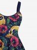 Robe débardeur trapèze hawaïenne grande taille à imprimé tête de mort, feuilles tropicales et fleurs d'hibiscus - Vert profond L