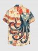 Plus Size Distressed Octopus Patriotic American Flag Print Hawaii Button Pocket Shirt For Men -  