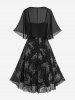 Plus Size Silver Stamping Glitter Butterfly Print Crossover A Line Cami Dress with Chiffon Textured Cape Cloak -  