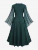 Plus Size Shell Buckle Waist Ruched Panel Sheer Mesh Flare Sleeves Dress -  