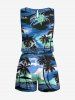 Plus Size Coconut Tree Sea Flower Print Hawaii Drawstring Pocket Romper -  
