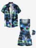 Plus Size Coconut Tree Sea Flower Print Hawaii Drawstring Pocket Romper -  