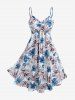 Plus Size Flowers Leaf Watercolor Print Ruffles Ruched Cami Dress With Chain Panel Hollow Out Textured Top -  