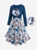 Plus Size Flowers Leaf Watercolor Print Ruffles Ruched Cami Dress With Chain Panel Hollow Out Textured Top -  