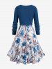 Plus Size Flowers Leaf Watercolor Print Ruffles Ruched Cami Dress With Chain Panel Hollow Out Textured Top -  