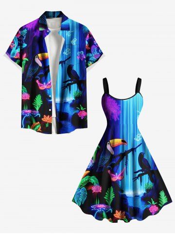 Glitter Neon Flower Plant Parrot Butterfly Fall Print Plus Size Matching Hawaii Beach Outfit For Couples - SKY BLUE