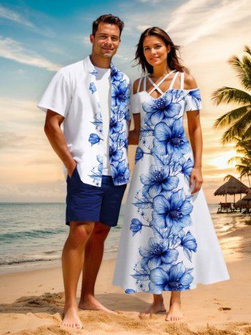 Flowers Leaf Print Plus Size Matching Hawaii Beach Outfit For Couples - WHITE