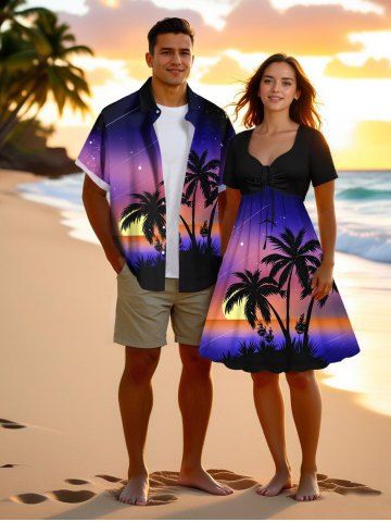 Coconut Tree Sun Galaxy Ombre Print Plus Size Matching Hawaii Beach Outfit For Couples - PURPLE