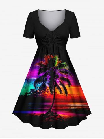 Plus Size Coconut Tree Colorful Sky Print Cinched Hawaii Dress - BLACK - XXS
