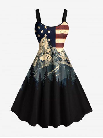Plus Size Patriotic American Flag Snow Mountain Print Tank Dress - BLACK - 6X