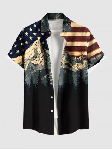 Plus Size Patriotic American Flag Snow Mountain Print Buttons Pocket Shirt For Men - BLACK - XL
