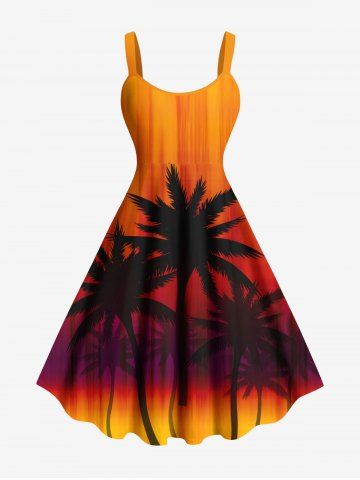Plus Size Coconut Tree Ombre Colorblock Print Hawaii Tank Dress