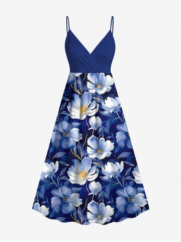 Plus Size Flowers Print Surplice Hawaii Cami Dress - DEEP BLUE - 5X