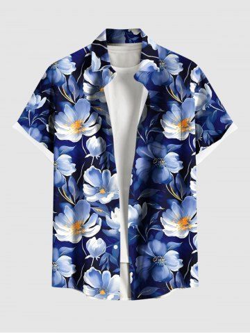 Plus Size Flowers Print Buttons Pocket Hawaii Shirt For Men - BLUE - M