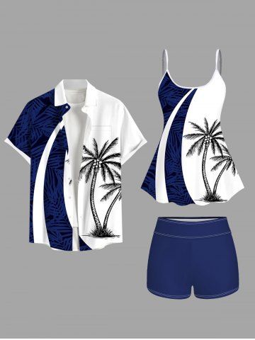 Coconut Tree Tropical Leaf Colorblock Print Plus Size Matching Hawaii Beach Outfit For Couples