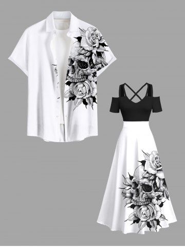 Skull Rose Flower Print Plus Size Matching Hawaii Beach Outfit For Couples