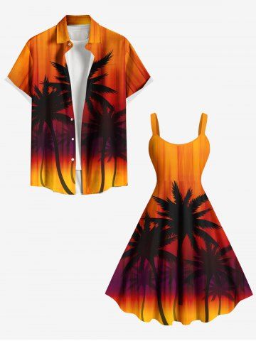 Tenue de plage hawaïenne assortie grande taille à imprimé cocotier ombré colorblock pour couples