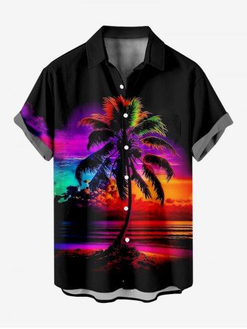 Plus Size Coconut Tree Colorful Sky Print Buttons Pocket Hawaii Shirt For Men - BLACK - 3XL