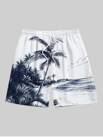 Plus Size Coconut Tree Sea Beach Print Hawaii Drawstring Beach Shorts For Men - WHITE - 8XL
