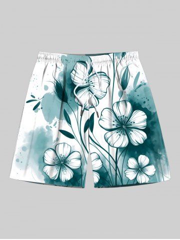 Plus Size Ink Painting Watercolor Floral Print Hawaii Drawstring Beach Shorts For Men - GREEN - 8XL