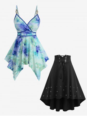 Tie Dye Print Flower Flocking Surplice Handkerchief Top and Lace Up Grommet High Low Midi Skirt Plus Size Outfit - DEEP BLUE