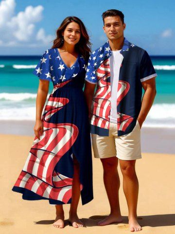 Crinkle Patriotic American Flag Print Plus Size Matching Outfit For Couples - BLACK