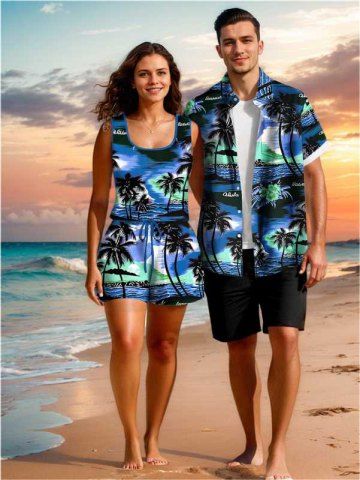 Matching Hawaii Shirt and Romper Plus Size Beach Outfit Coconut Tree Sea Floral Print For Couples - BLUE