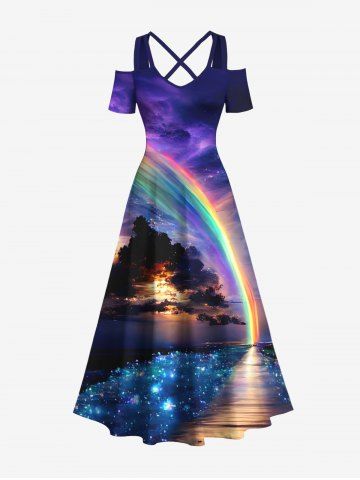 Plus Size Glitter Ombre Galaxy Aurora Dusk Sea Print Hawaii Cold Shoulder Crisscross A Line Maxi Dress - PURPLE - 6X