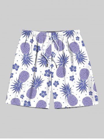 Plus Size Pineapple Hibiscus Flowers Print Hawaii Beach Shorts For Men - LIGHT PURPLE - 7XL