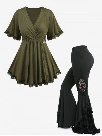Lace Trim Surplice Asymmetrical T-shirt and Skull Flocking Appliques Flare Pants Plus Size Outfit - GREEN