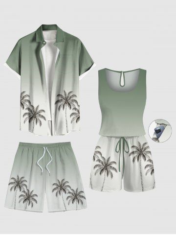 Matching Hawaii Shirt and Romper Plus Size Beach Outfit Coconut Tree Ombre Printed for Couples - LIGHT GREEN