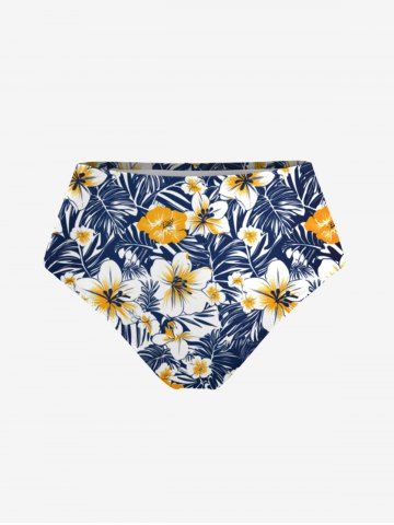 Tropical Leaves Hibiscus Floral Print Hawaii Swim Bottom - BLUE - XS
