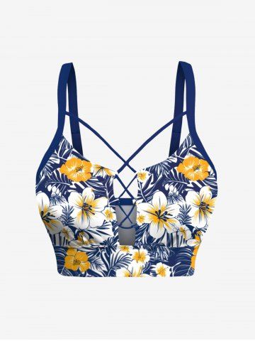 Tropical Leaves Hibiscus Floral Print Hawaii Lace Up Tankini Top(Adjustable Shoulder Strap) - BLUE - XS
