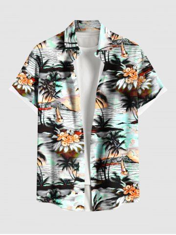 Plus Size Coconut Tree Sea Hibiscus Floral Print Hawaii Button Pocket Shirt For Men - WHITE - 4XL