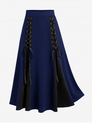 Halloween Vampire Costume Gothic Lace Up Two Tone Godet Hem Midi A Line Victorian Walking Skirt - BLUE - 5X | US 30-32