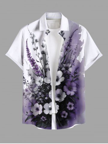 Plus Size Flowers Leaf Ombre Colorblock Print Buttons Pocket Hawaii Shirt For Men - PURPLE - S