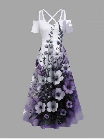 Plus Size Flowers Leaf Ombre Colorblock Print Cold Shoulder Crisscross Hawaii Maxi Dress - LIGHT PURPLE - XXS
