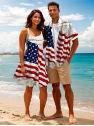 Patriotic American Flag Newspaper Print Plus Size Matching Outfit For Couples -  