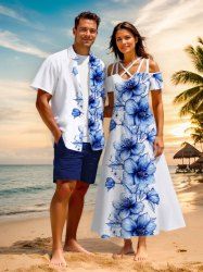 Flowers Leaf Print Plus Size Matching Hawaii Beach Outfit For Couples -  