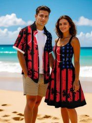 American Flag Ink Painting Coconut Tree Print Plus Size Matching Set For Couples -  