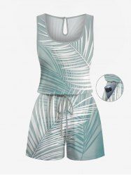 Plus Size Tropical Leaf Ombre Print Cinched Hawaii Romper -  