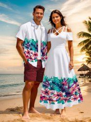 Tropical Leaf Flowers Print Plus Size Matching Hawaii Beach Outfit For Couples -  