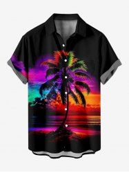 Chemise hawaïenne grande taille à boutons et poches, imprimé cocotiers et ciel coloré, pour homme - Noir 2XL