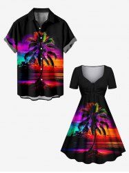 Coconut Tree Colorful Sky Print Plus Size Matching Hawaii Beach Outfit For Couples -  