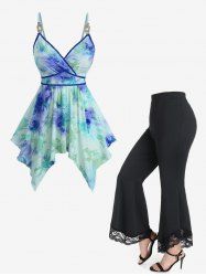 Tie Dye Printed Flower Flocking Surplice Handkerchief Top and Lace Panel High Waisted Flare Pants Plus Size Outfit -  