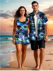 Ensemble chemise et barboteuse hawaïennes assorties, grande taille, imprimé cocotier et fleurs de mer, pour couples - Bleu 