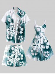 Tenue de plage hawaïenne assortie grande taille, motif floral aquarelle, peinture à l'encre, pour couple - Vert 