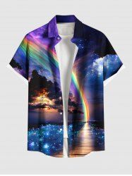 Plus Size Glitter Ombre Galaxy Aurora Dusk Sea Print Hawaii Button Pocket Shirt For Men -  