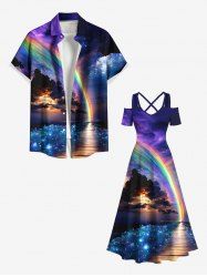 Tenue de plage hawaïenne assortie grande taille, motif galaxie, aurore, crépuscule, imprimé mer, ombré et pailleté, pour couples - Pourpre  